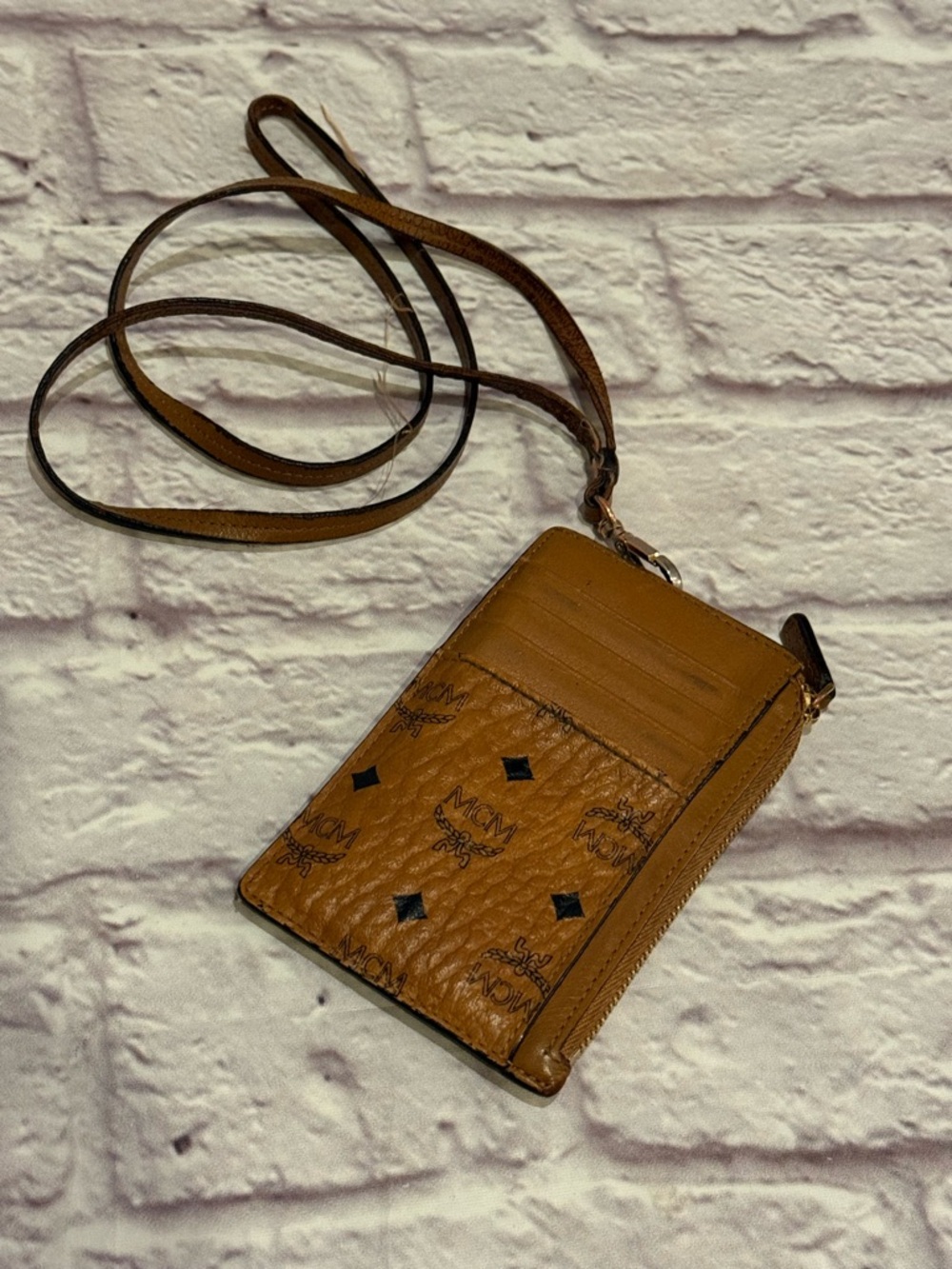 MCM Cognac Logo Crossbody Card Holder with Strap